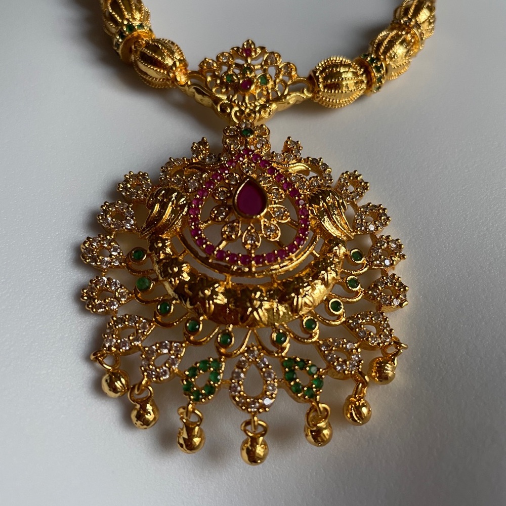 Gold-Tone Pendant Necklace with Pink and Green Accents